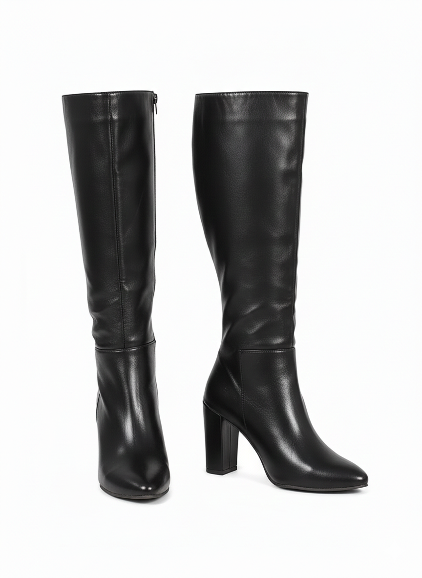 Pointed Toe Faux Leather Chunky Heel Riding Boots