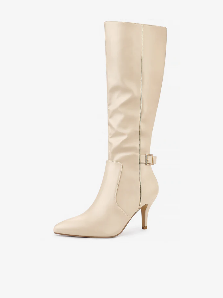Pointy Toe Buckle Stiletto Heel Knee High Boots